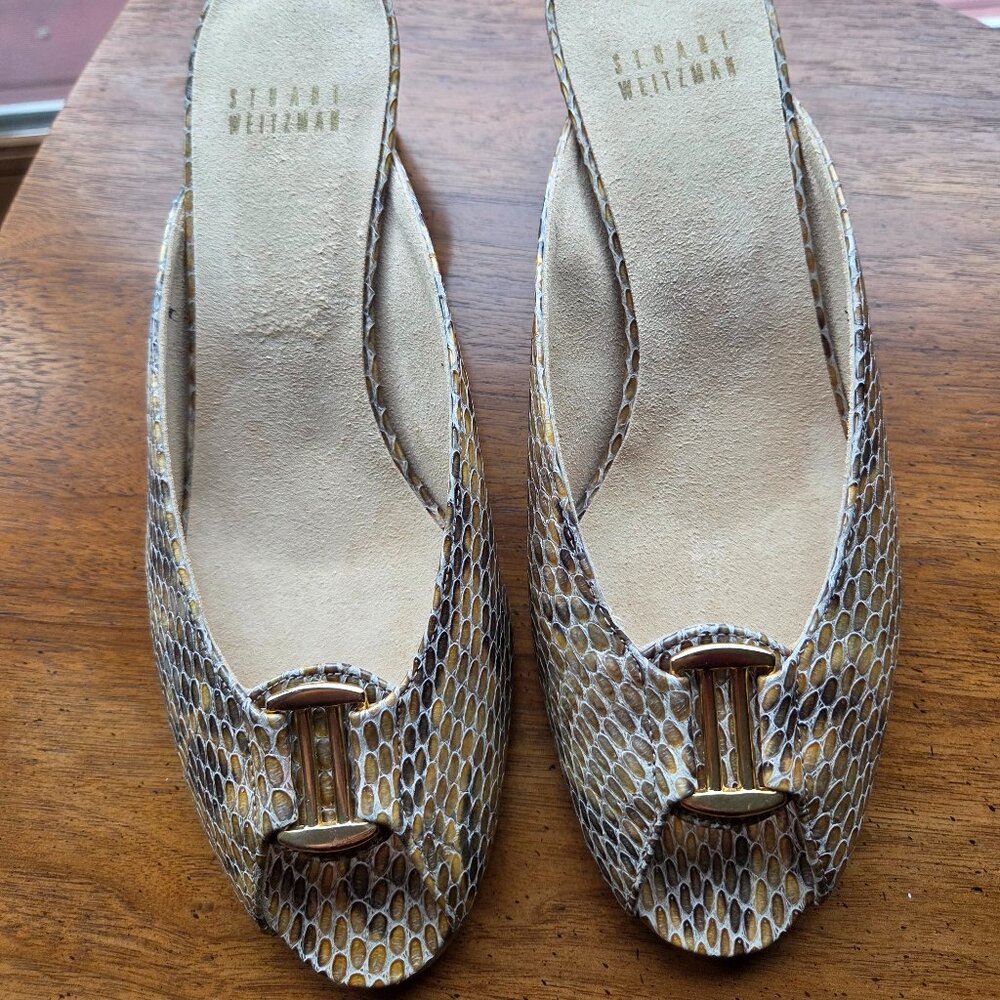 NWOT Snake Print Stuart Weitzman Peep Toe Mules